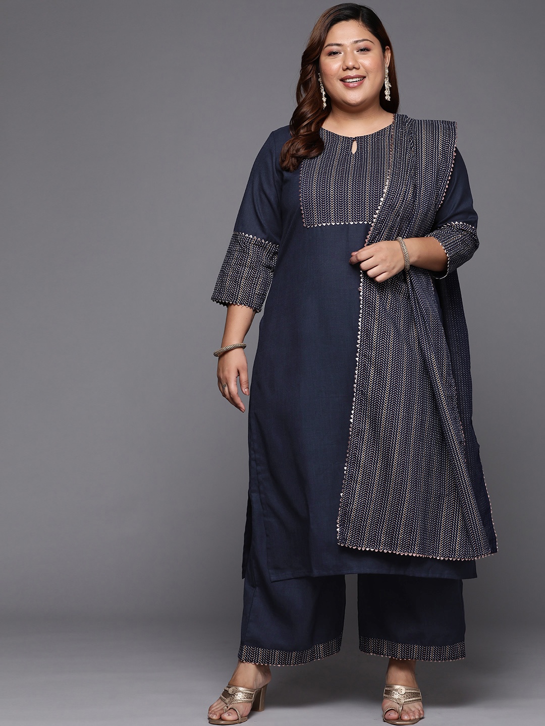 

Indo Era Women Plus Size Navy Blue Ethnic Motifs Kurta with Trousers & With Dupatta