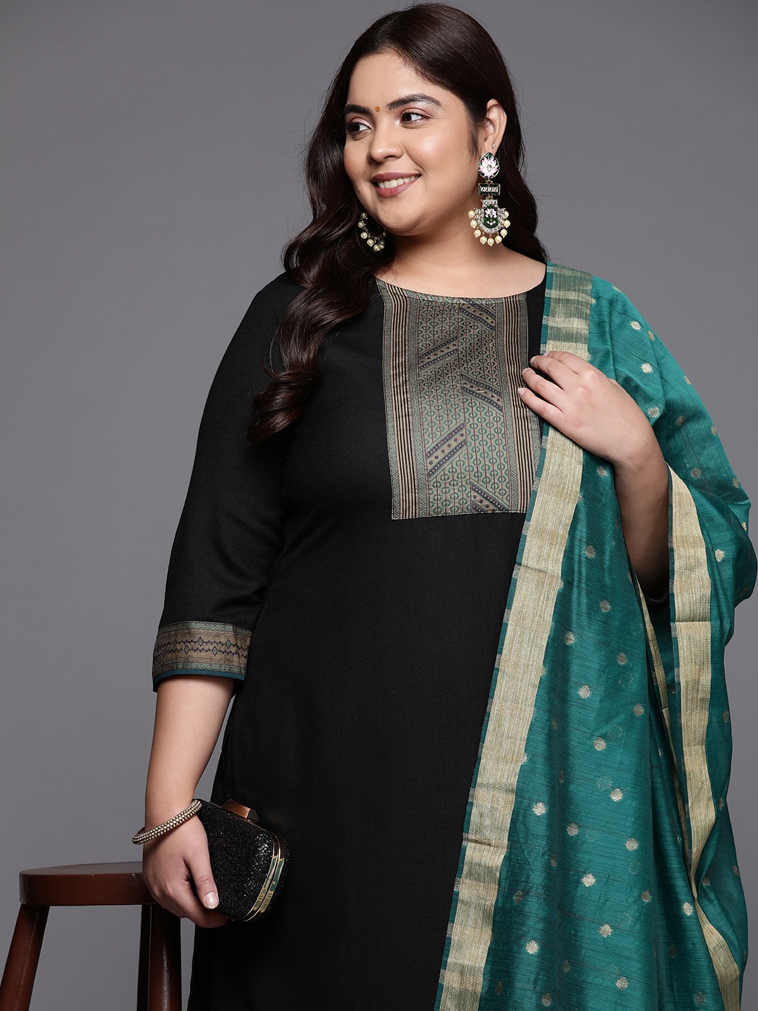 

Indo Era Women Plus Size Black Ethnic Motifs Kurta with Palazzos & With Dupatta