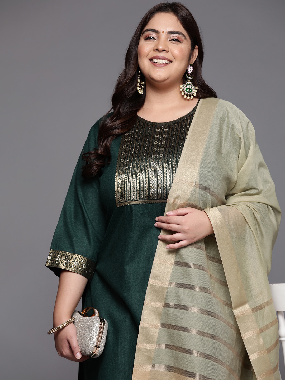 

Indo Era Women Plus Size Green Ethnic Motifs Kurta with Palazzos & With Dupatta