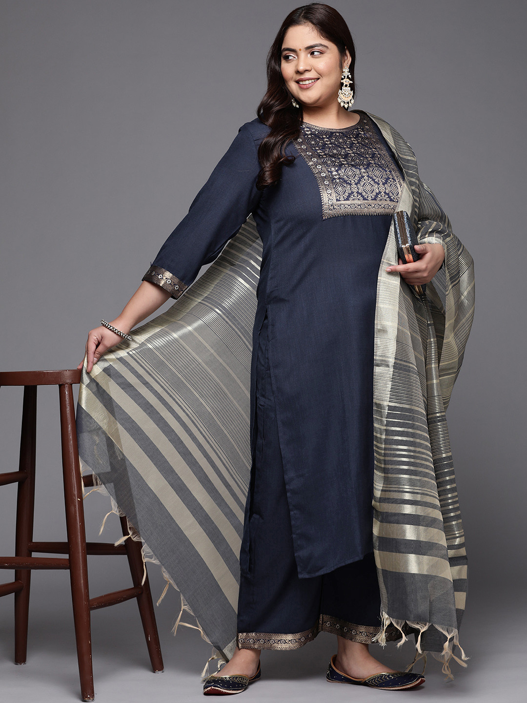 

Indo Era Women Plus Size Navy Blue Ethnic Motifs Yoke Design Kurta with Palazzos & Dupatta