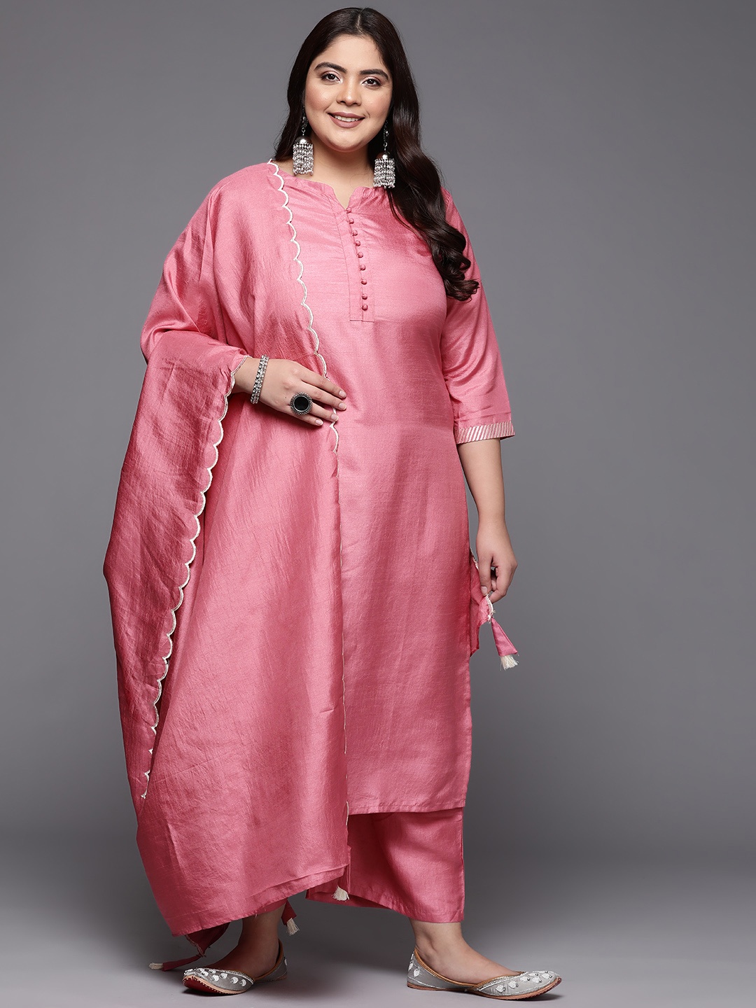 

Indo Era Women Plus Size Pink Kurta with Palazzos & Dupatta