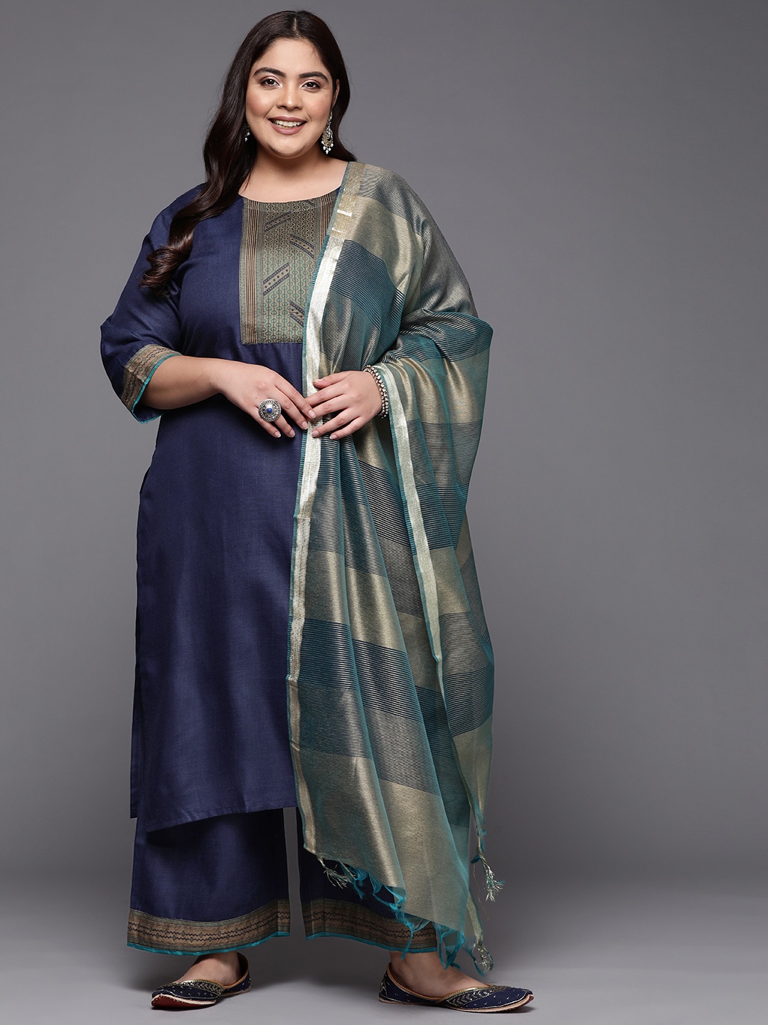 

Indo Era Women Plus Size Navy Blue Yoke Design Cotton Kurta Palazzos & Dupatta