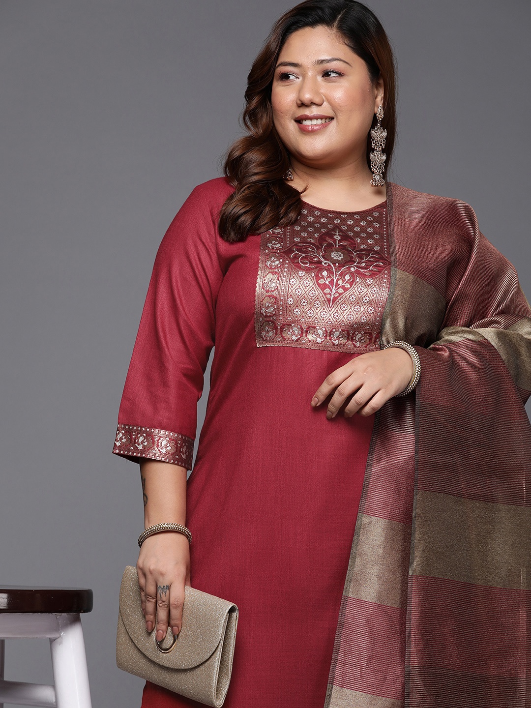 

Indo Era Women Plus Size Maroon Ethnic Motifs Kurta with Palazzos & With Dupatta
