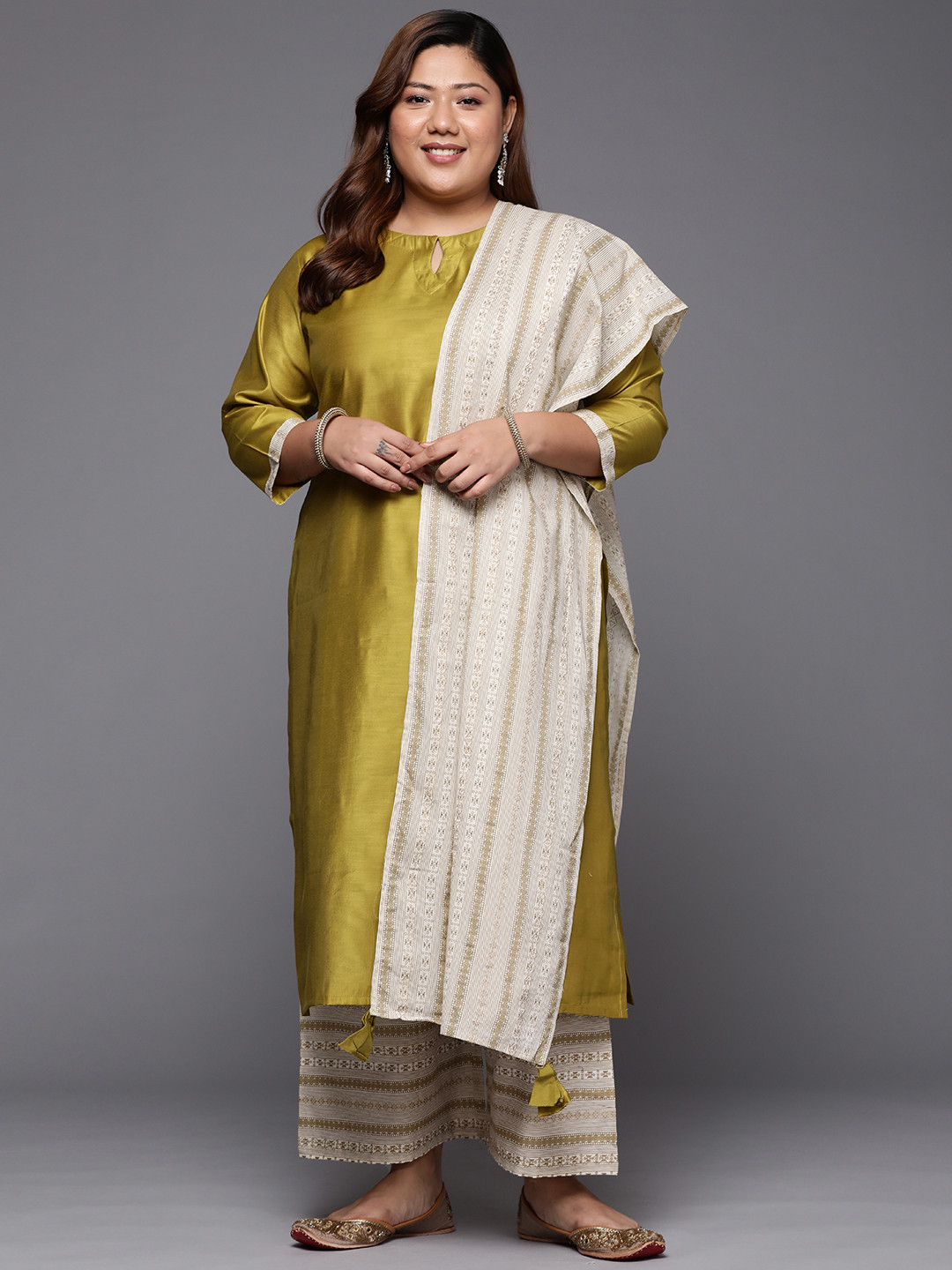 

Indo Era Plus Size Women Olive Green Kurta with Palazzos & With Dupatta