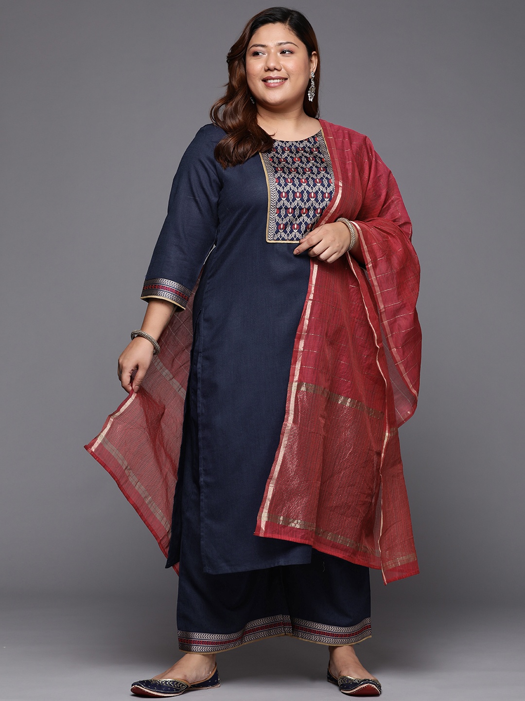 

Indo Era Plus Size Women Navy Blue Ethnic Motifs Cotton Kurta with Palazzos & With Dupatta