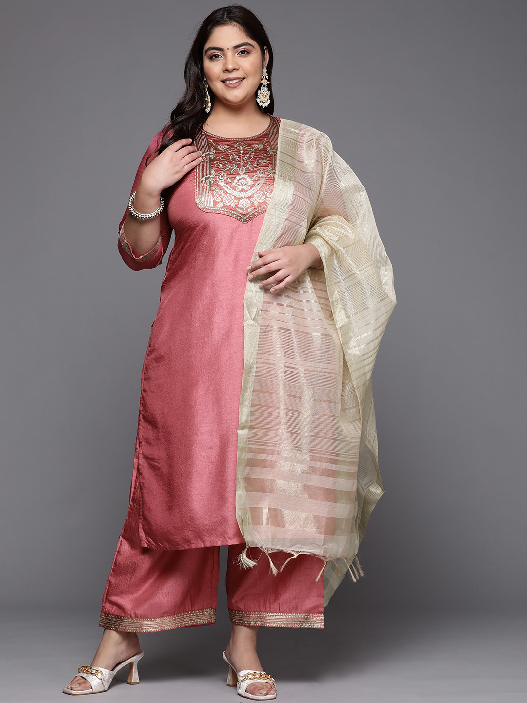 

Indo Era Women Plus Size Pink Ethnic Motifs Yoke Design Kurta with Palazzos & Dupatta