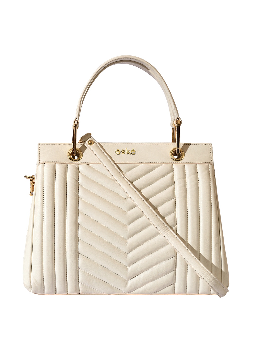 

Eske White Textured Leather Structured Handheld Bag with Quilted