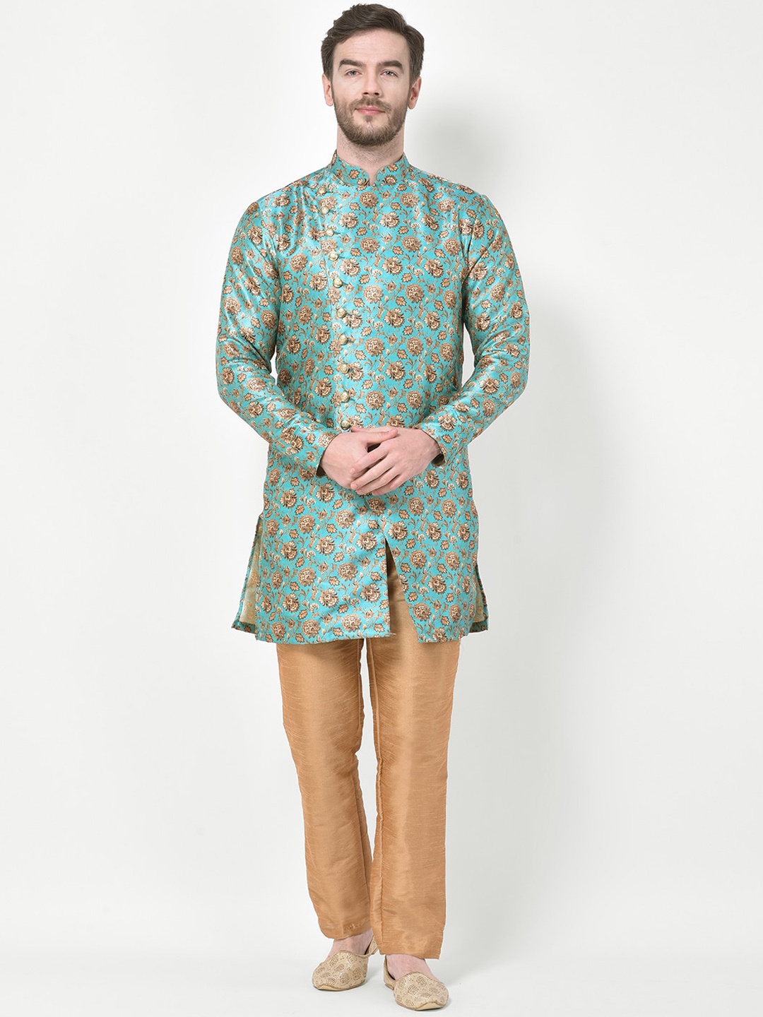 

SG LEMAN Men Turquoise Blue Ethnic Motifs Printed High Slit Raw Silk Kurti with Pyjamas