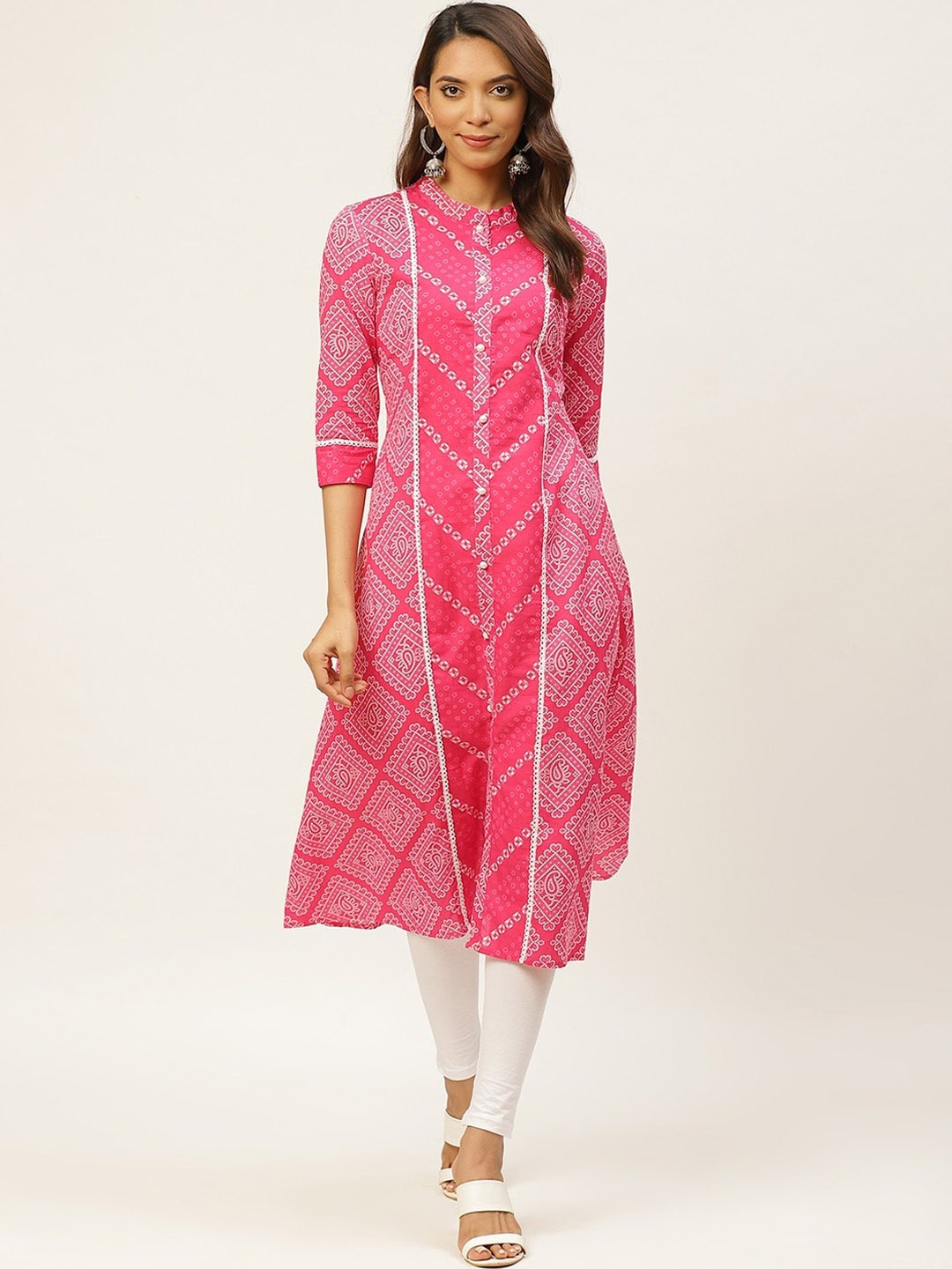 

FABRIC FITOOR Women Pink & White Bandhani Printed Cotton Pastels Kurta