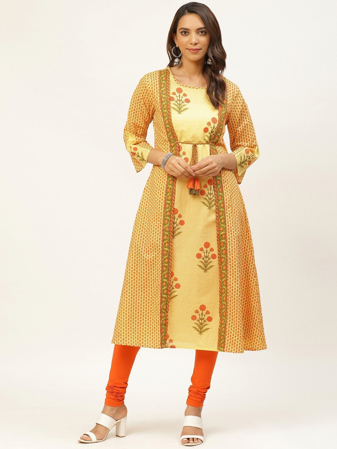 

FABRIC FITOOR Women Yellow Floral Printed Flared Sleeves Kurta