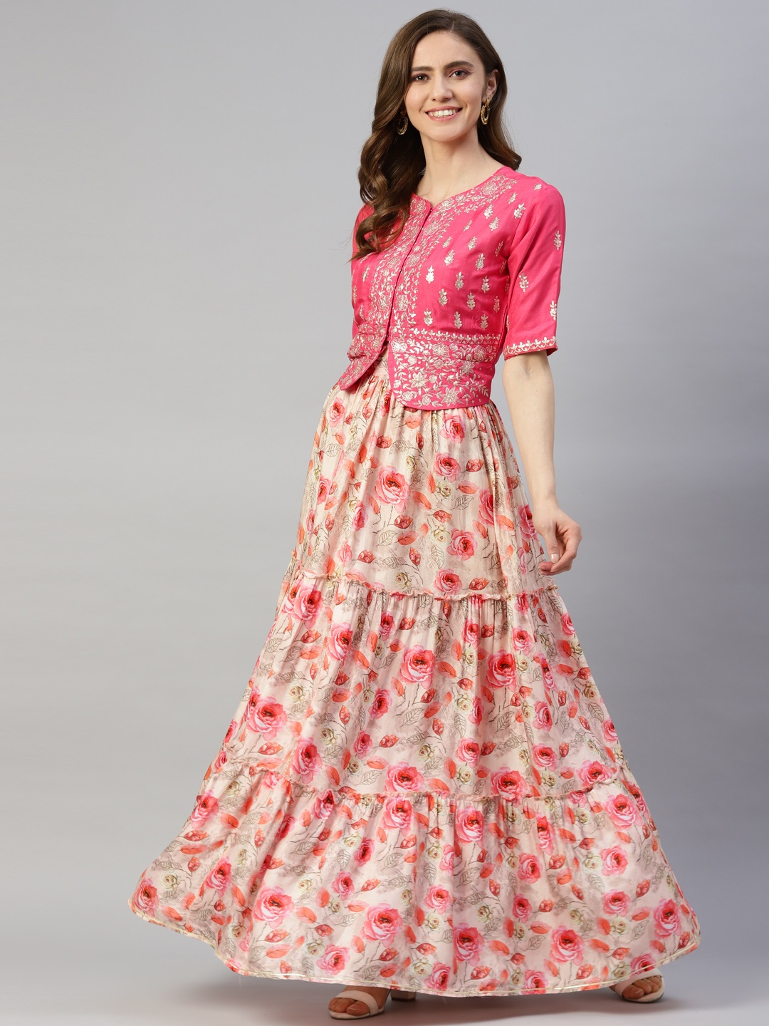 

Divena Pink & Beige Embroidered Sequinned Ready to Wear Fusion Lehenga Set