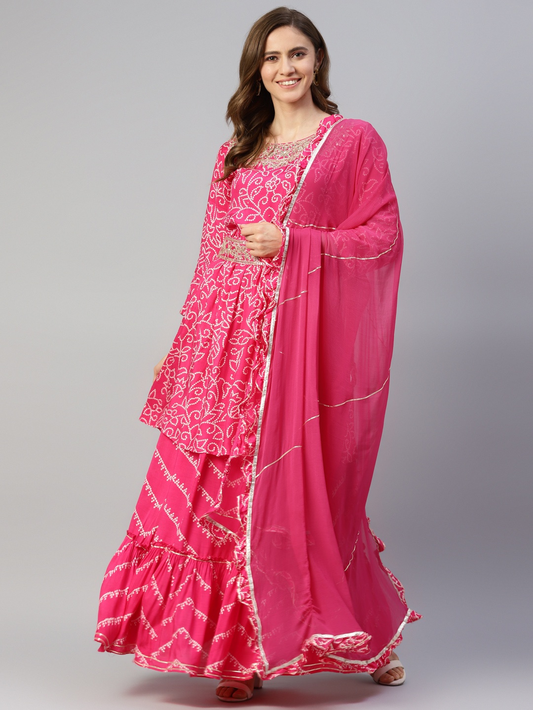 

Divena Women Pink Bandhani Print Pleated Thread Work Kurta with Sharara & Dupatta