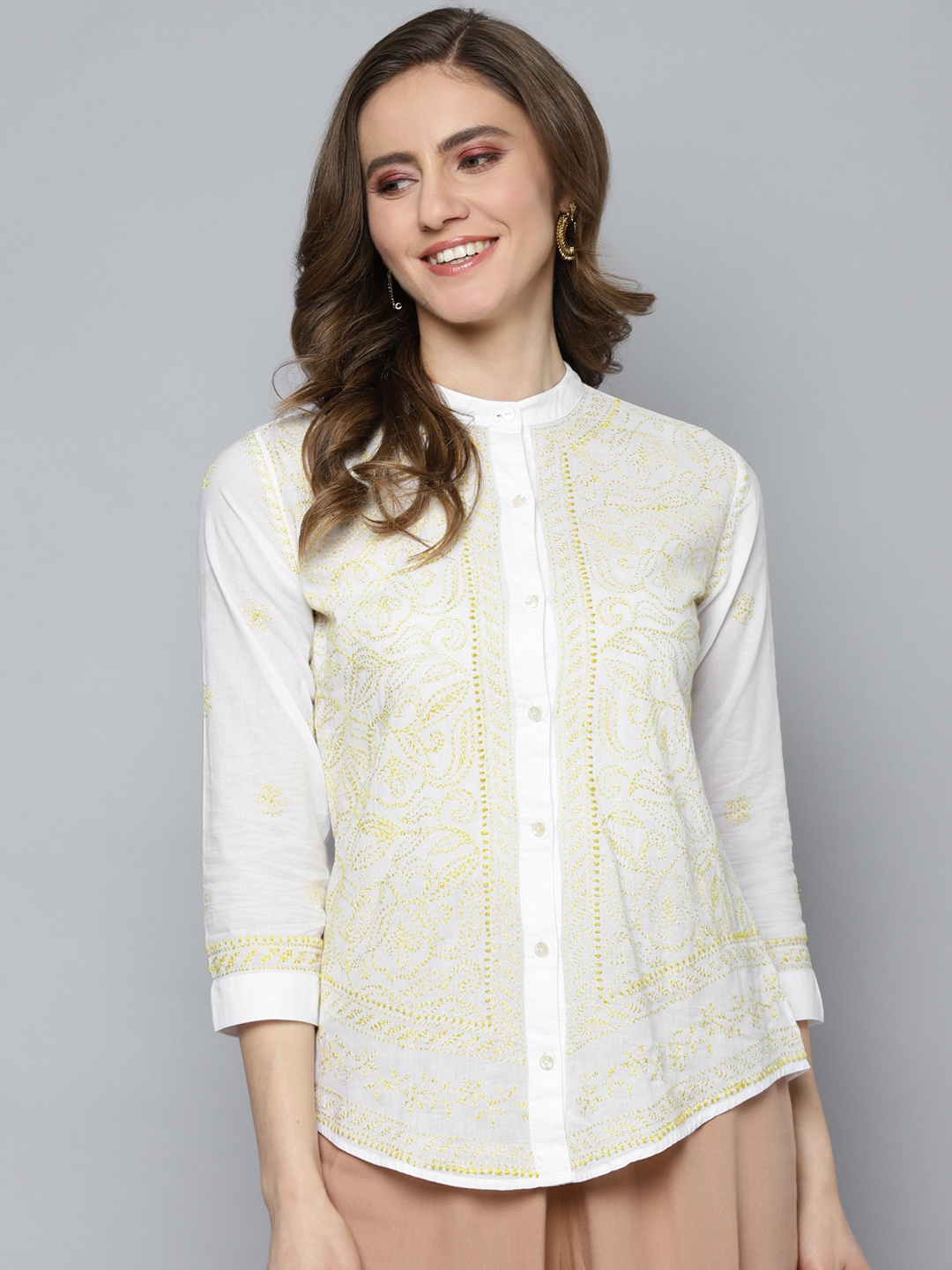 

ADA White & Lime Green Embroidered Cotton Lucknow Chikankari Kurti