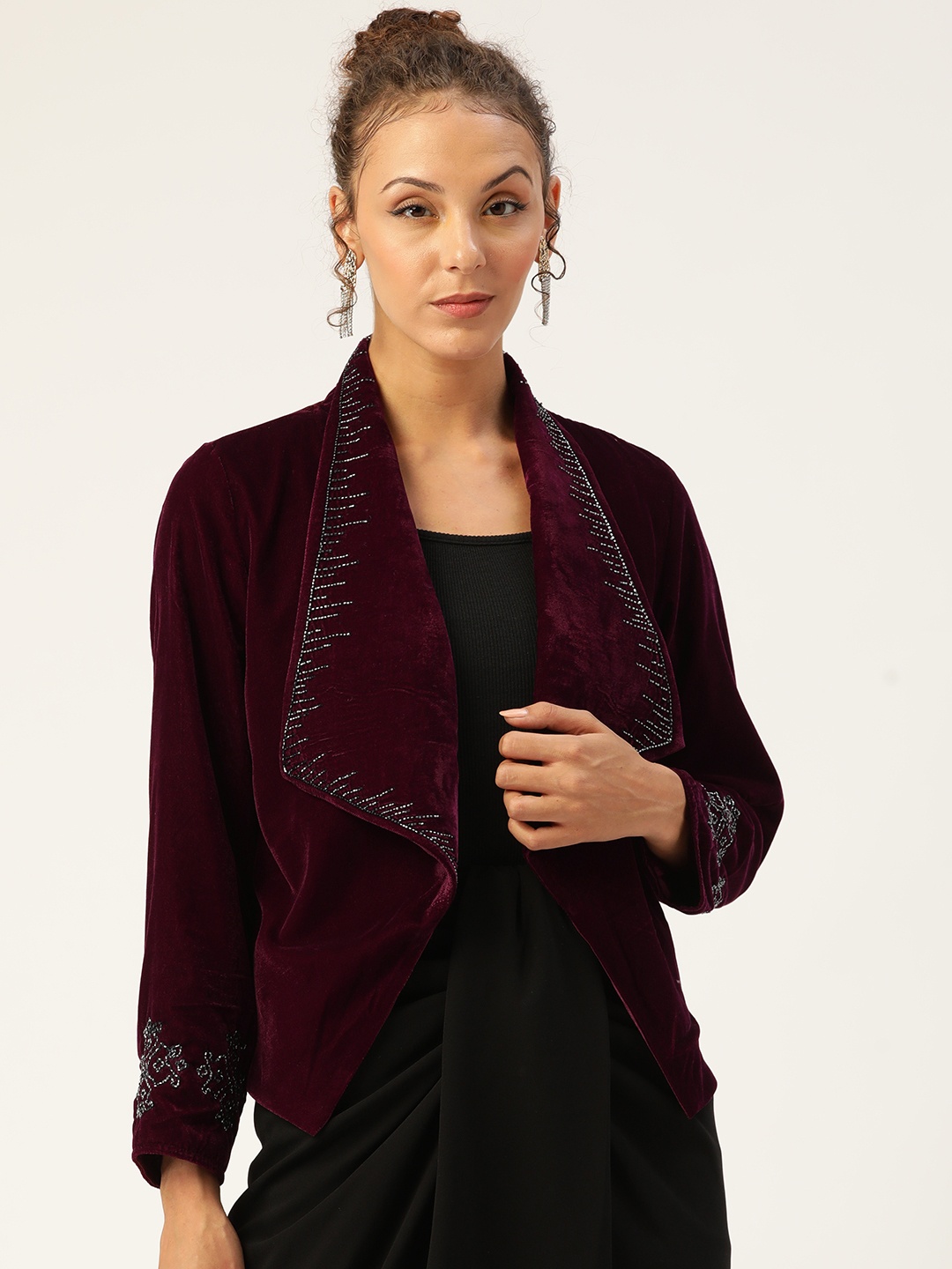 

Antheaa Women Burgundy Velvet Finish Sequinned Detail Open Front Jacket