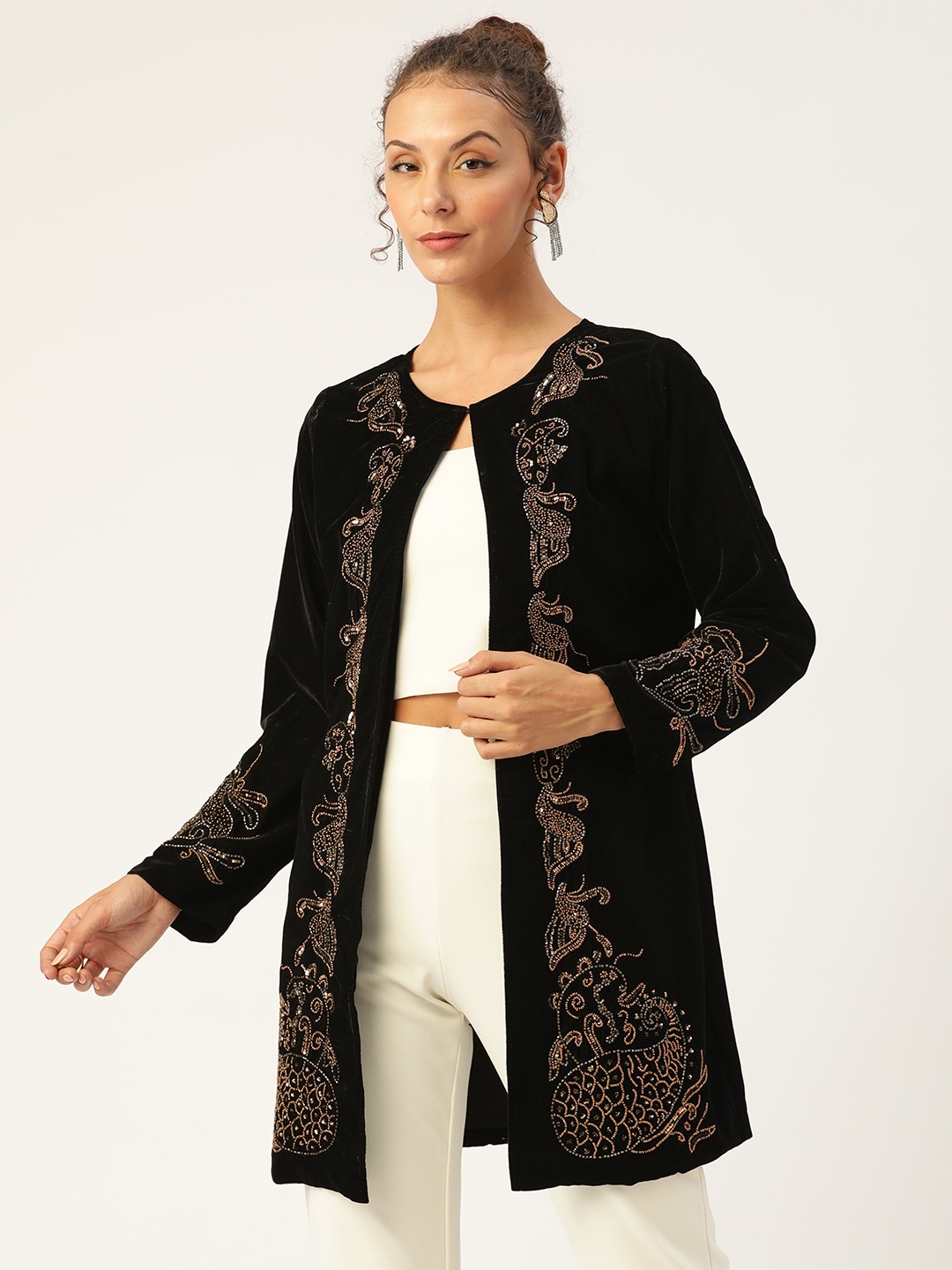 Antheaa Women Black Velvet Finish Beaded Longline Open Front Jacket