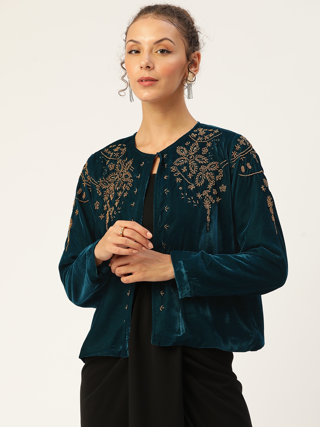 

Antheaa Women Teal Blue Velvet Finish Beaded Open Front Jacket