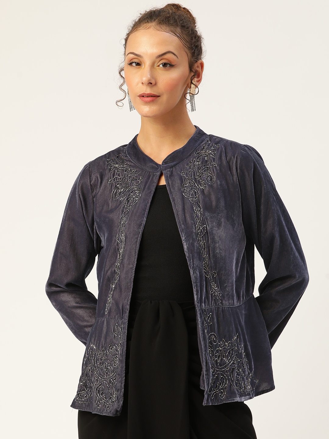 

Antheaa Women Mauve Embellished Velvet Finish Open Front Jacket