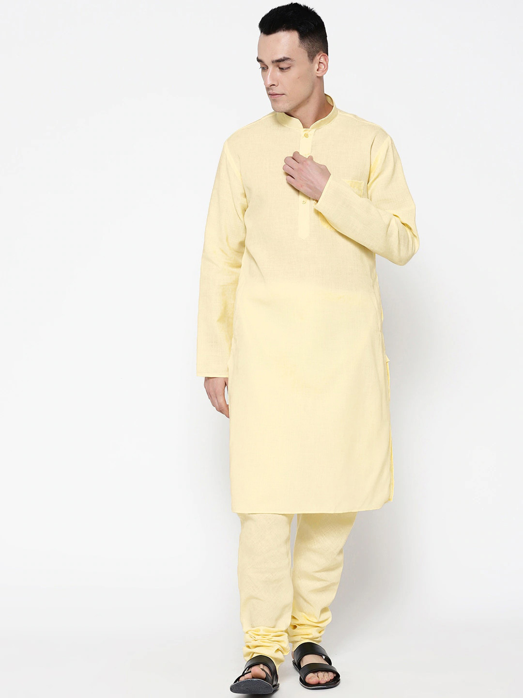 

SG LEMAN Men Yellow Pure Cotton Kurti with Churidar