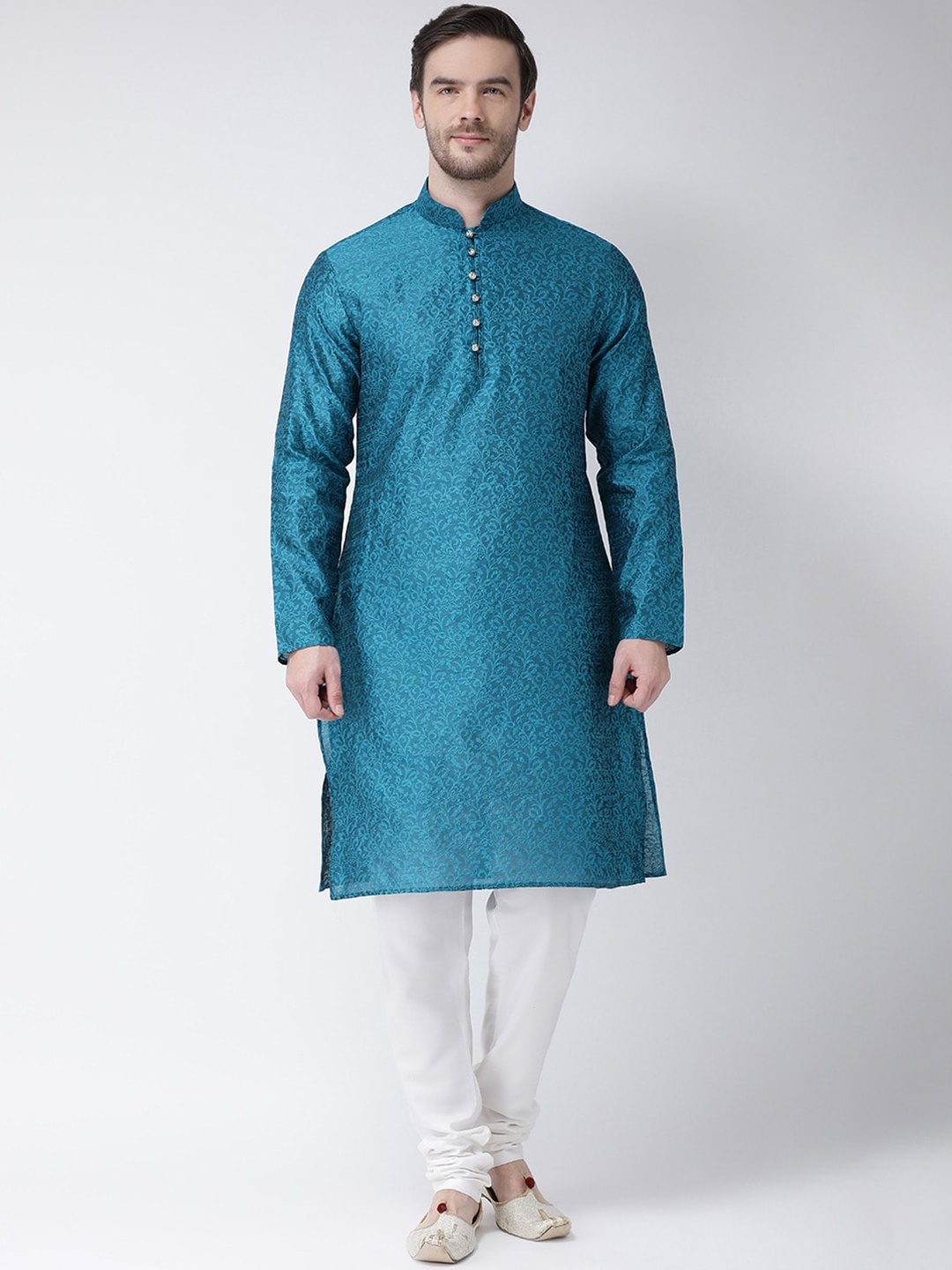 

SG LEMAN Men Turquoise Blue Raw Silk Kurta with Churidar