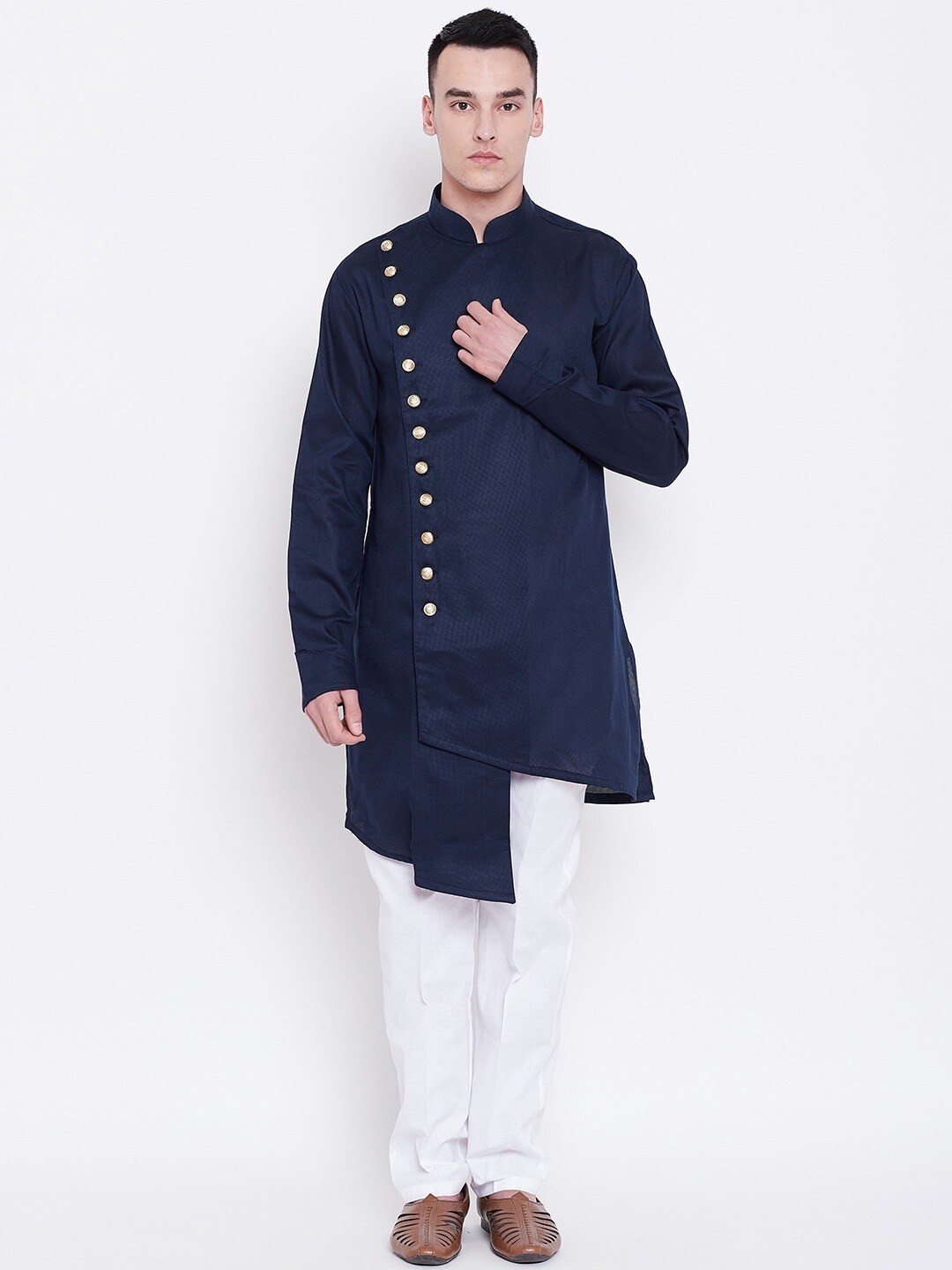 

SG LEMAN Men Navy Blue Layered Pure Cotton Kurta with Trouser