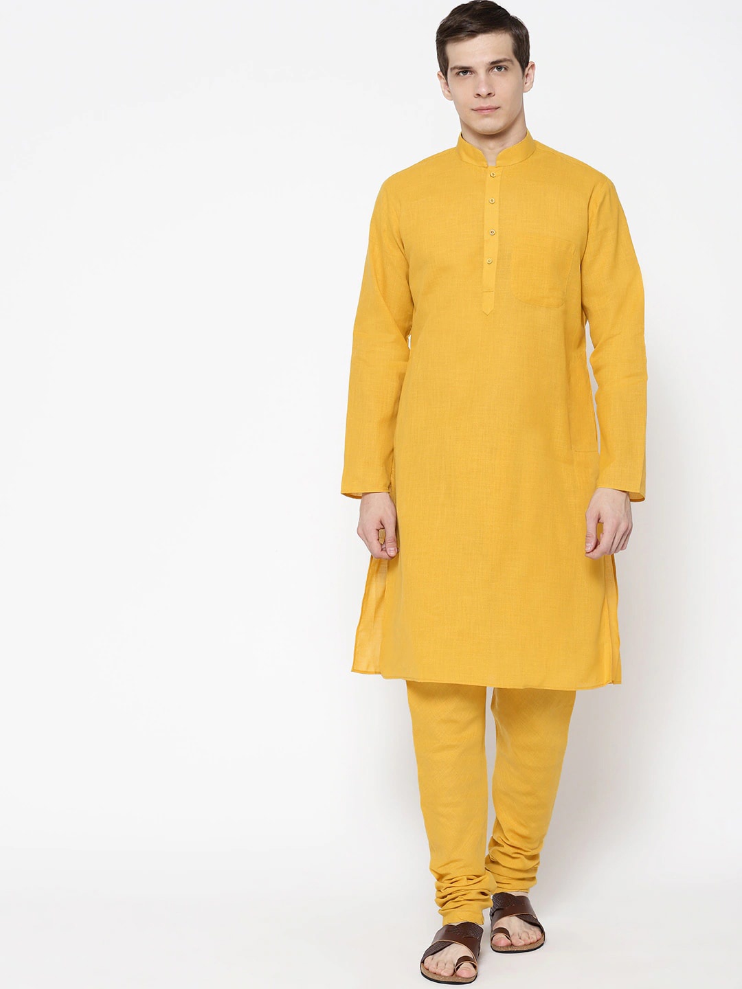 

SG LEMAN Men Pure Cotton Kurta with Churidar, Mustard