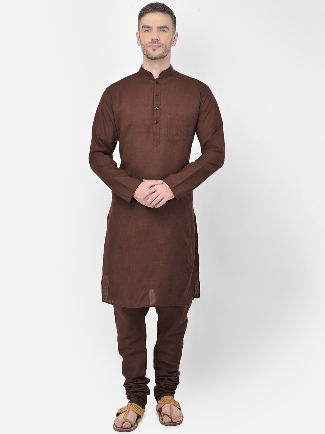 

SG LEMAN Men Brown Pure Cotton Kurta with Churidar