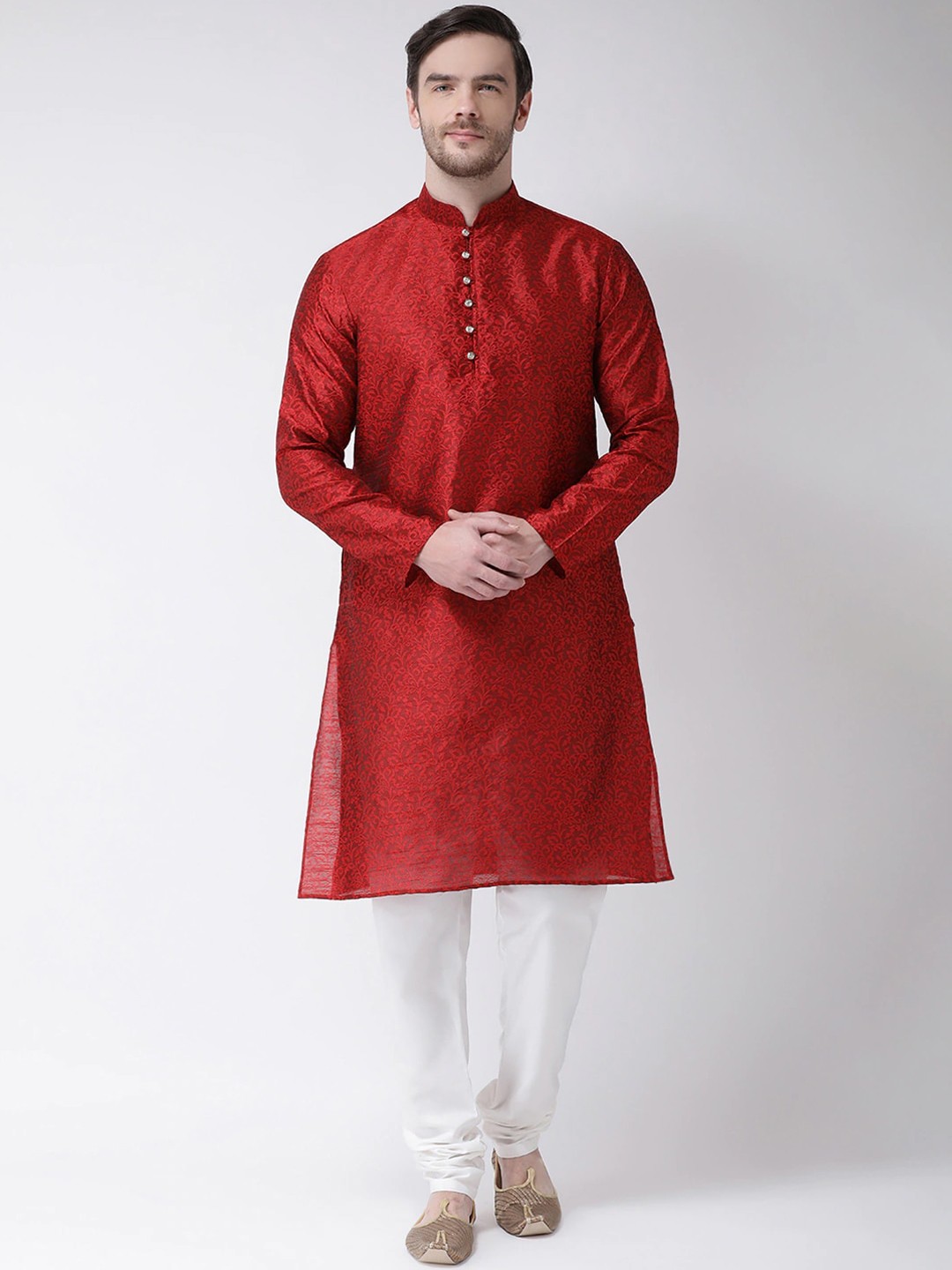 

SG LEMAN Men Maroon Ethnic Motifs Raw Silk Kurta with Churidar