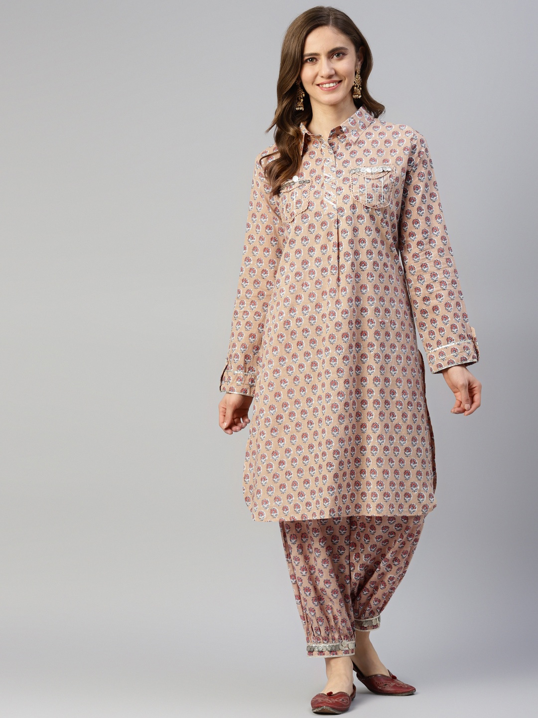 

Divena Women Beige Ethnic Motifs Printed Pure Cotton Kurta with Harem Pants