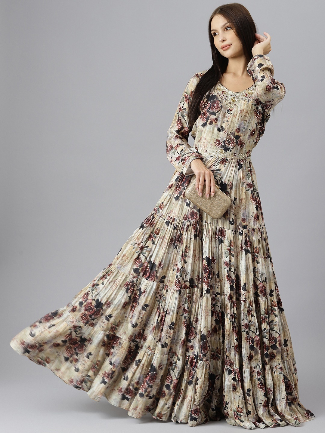 Divena Grey & Green Floral Print Satin Flared Gown