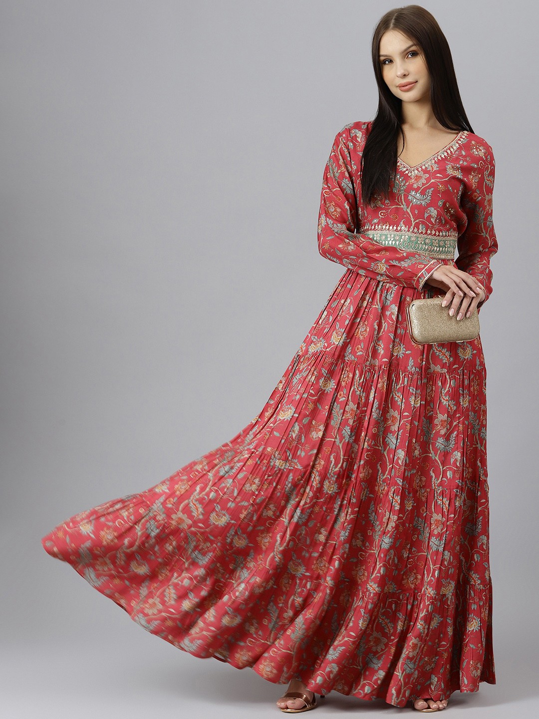 

Divena Maroon & Green Floral Print Satin Flared Gown