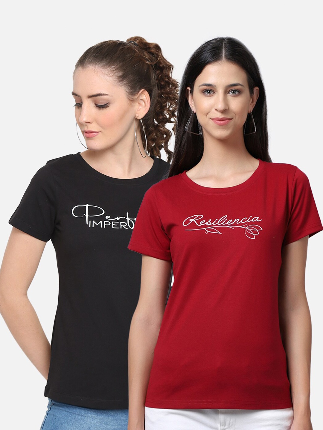 

UnaOne Women Pack of 2 Black & Maroon Typography Printed T-shirt