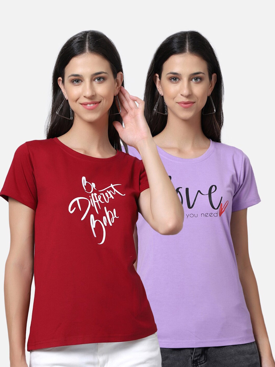 

UnaOne Women Pack Of 2 Lavender & Maroon Typography Printed T-shirt