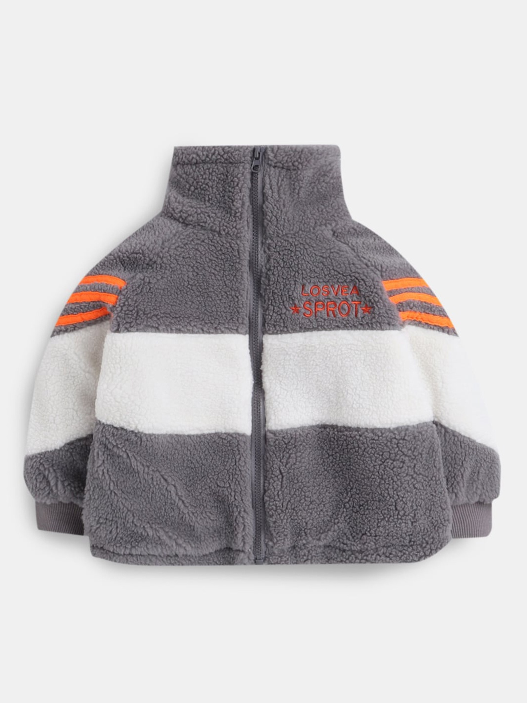 

Hopscotch Boys Orange And Grey Colourblocked Faux Fur Trim Long Coat, White
