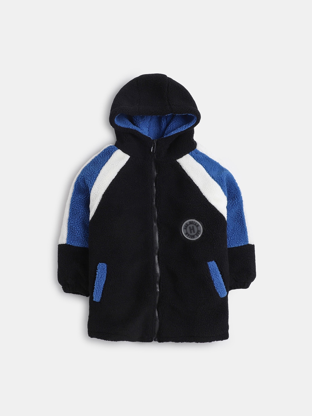 

Hopscotch Boys Blue & Black Solid Cotton Hooded Over Coat