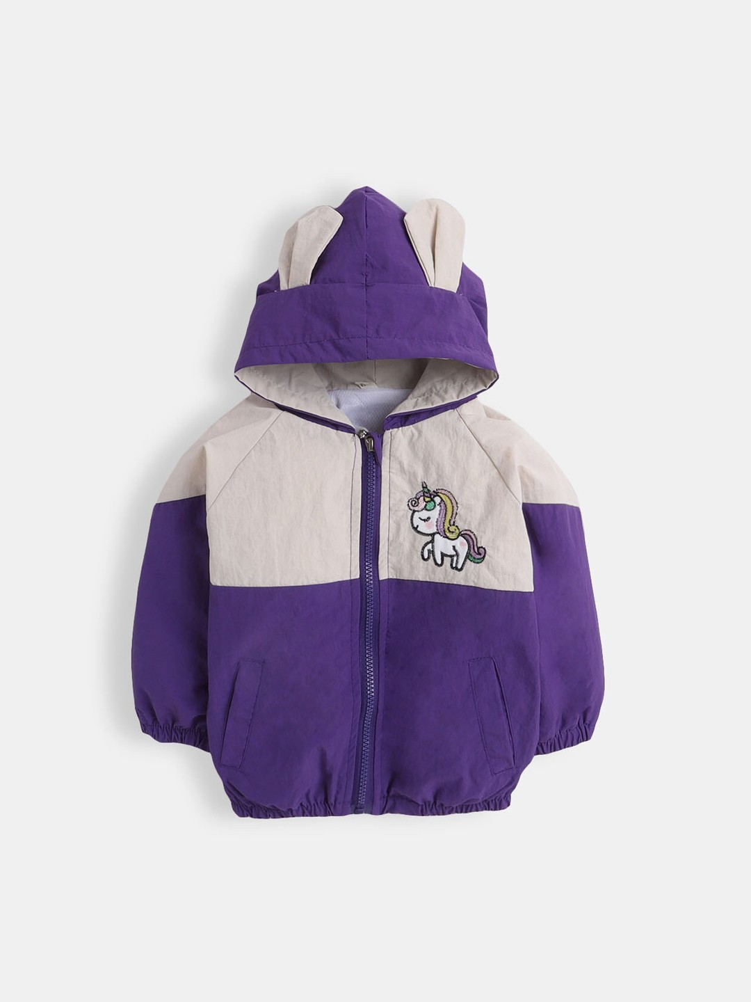 

Hopscotch Girls Purple & Off White Colourblocked Varsity Jacket