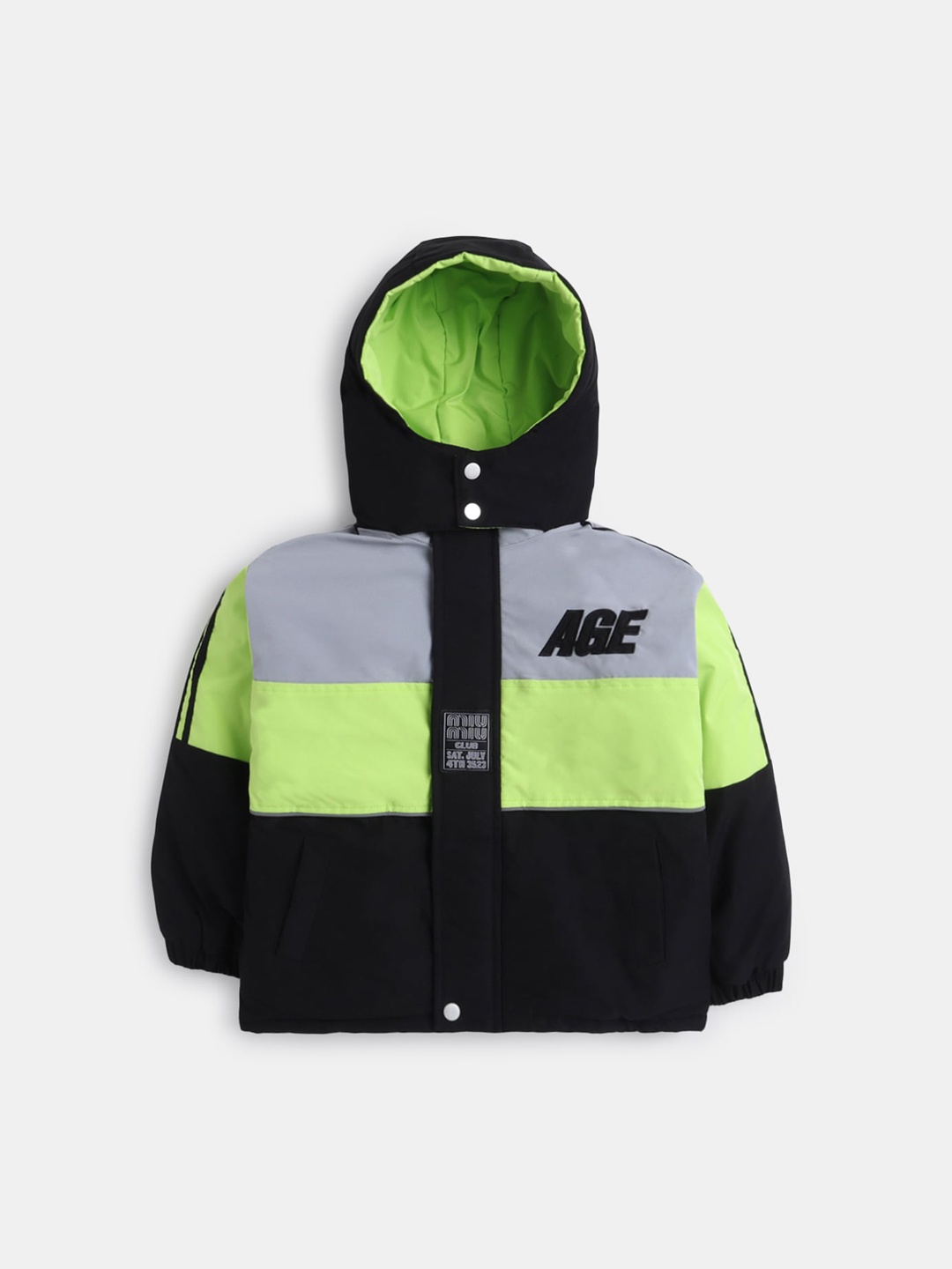 

Hopscotch Boys Green Text Print Colourblocked Full-Sleeve Fleece Jacket