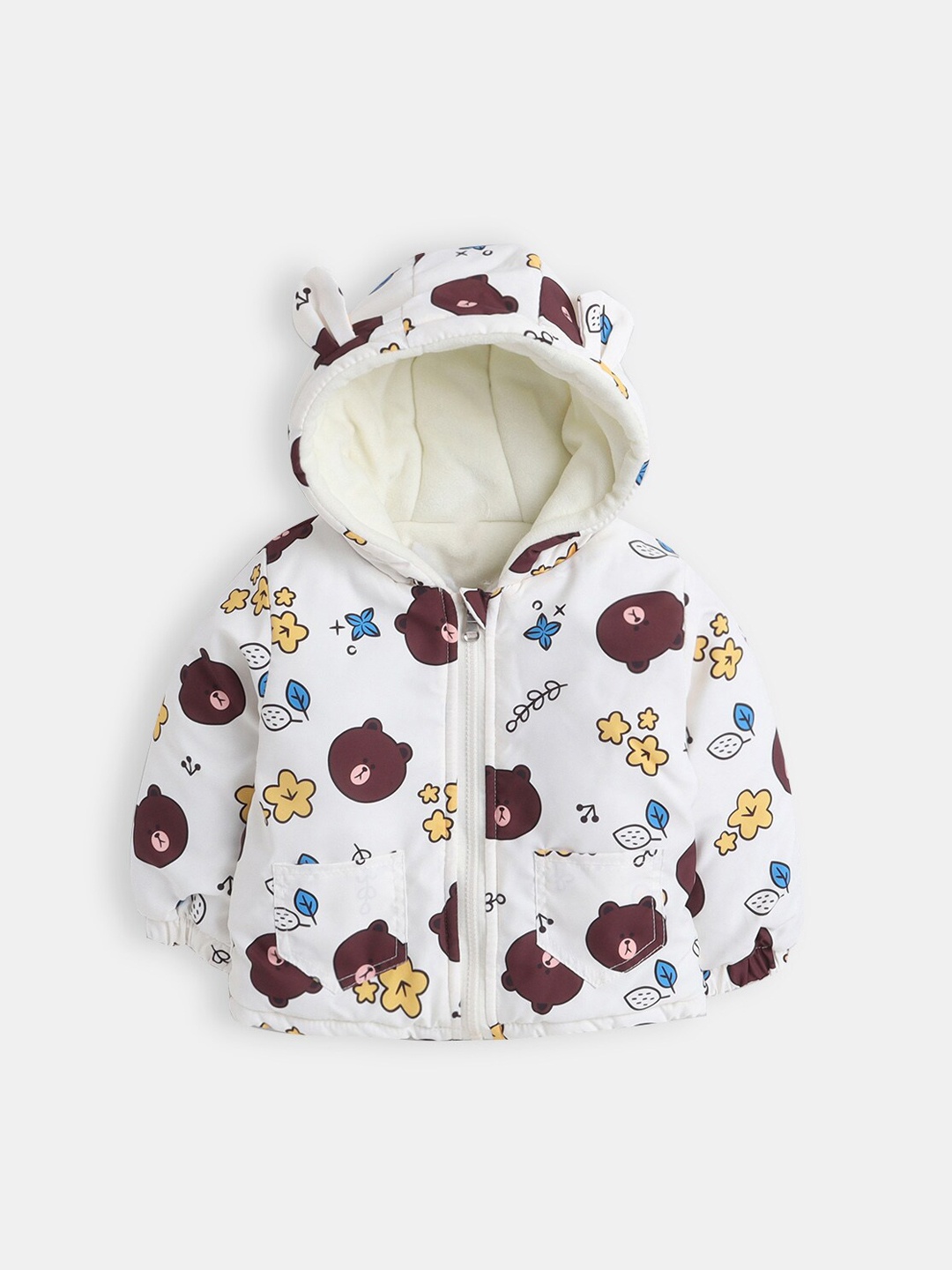 

Hopscotch Boys White Printed Hooded Cotton Bomber Jacket
