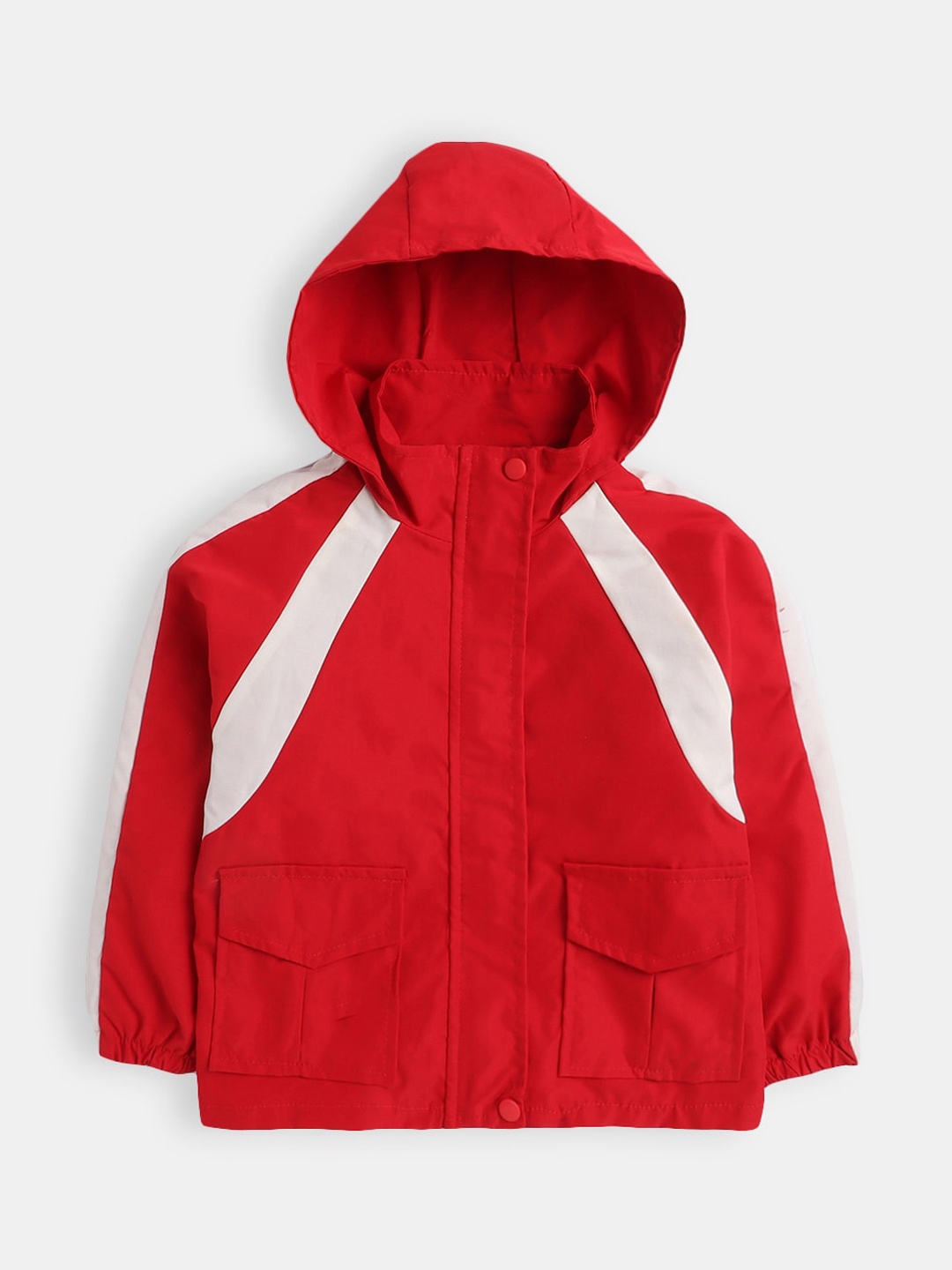 

Hopscotch Girls Red Solid Full-Sleeve Cotton Hooded Bomber Jacket