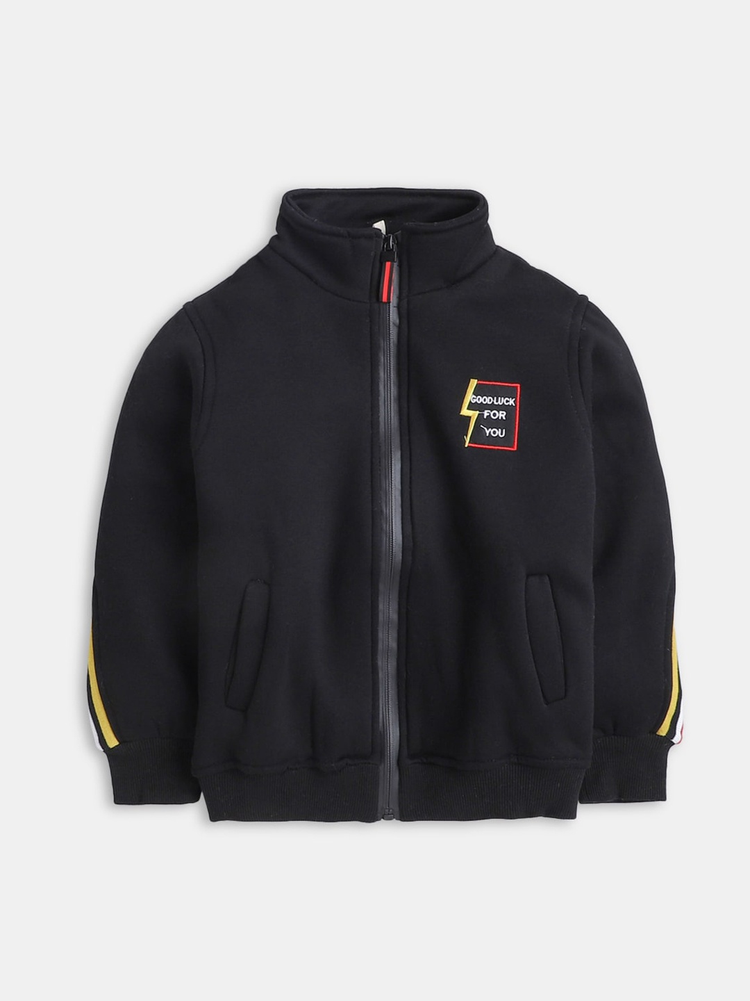 

Hopscotch Boys Black Printed Typography Full-Sleeve Varsity Jacket