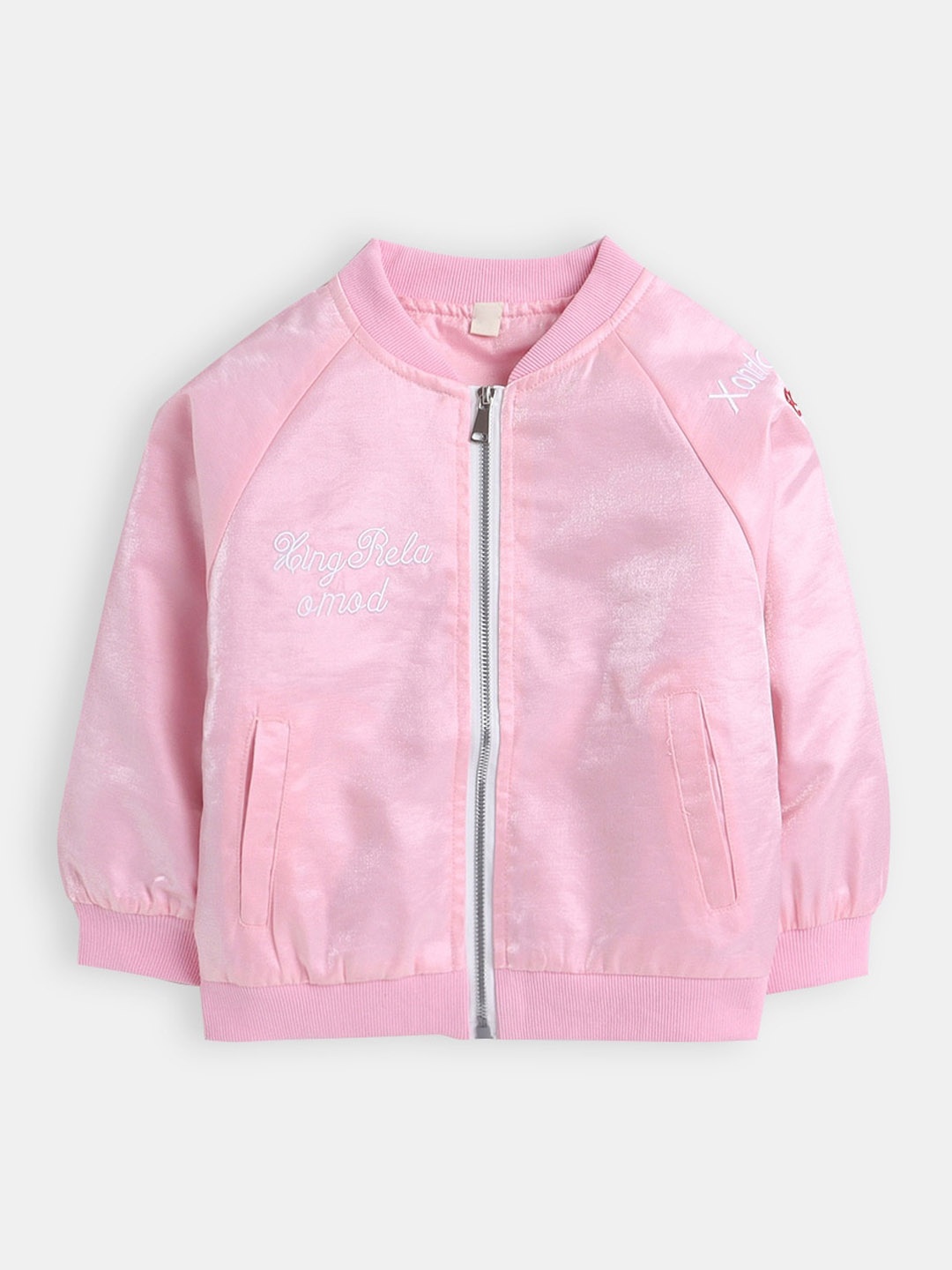 

Hopscotch Girls Pink Typography Embroidered Open Front Jacket