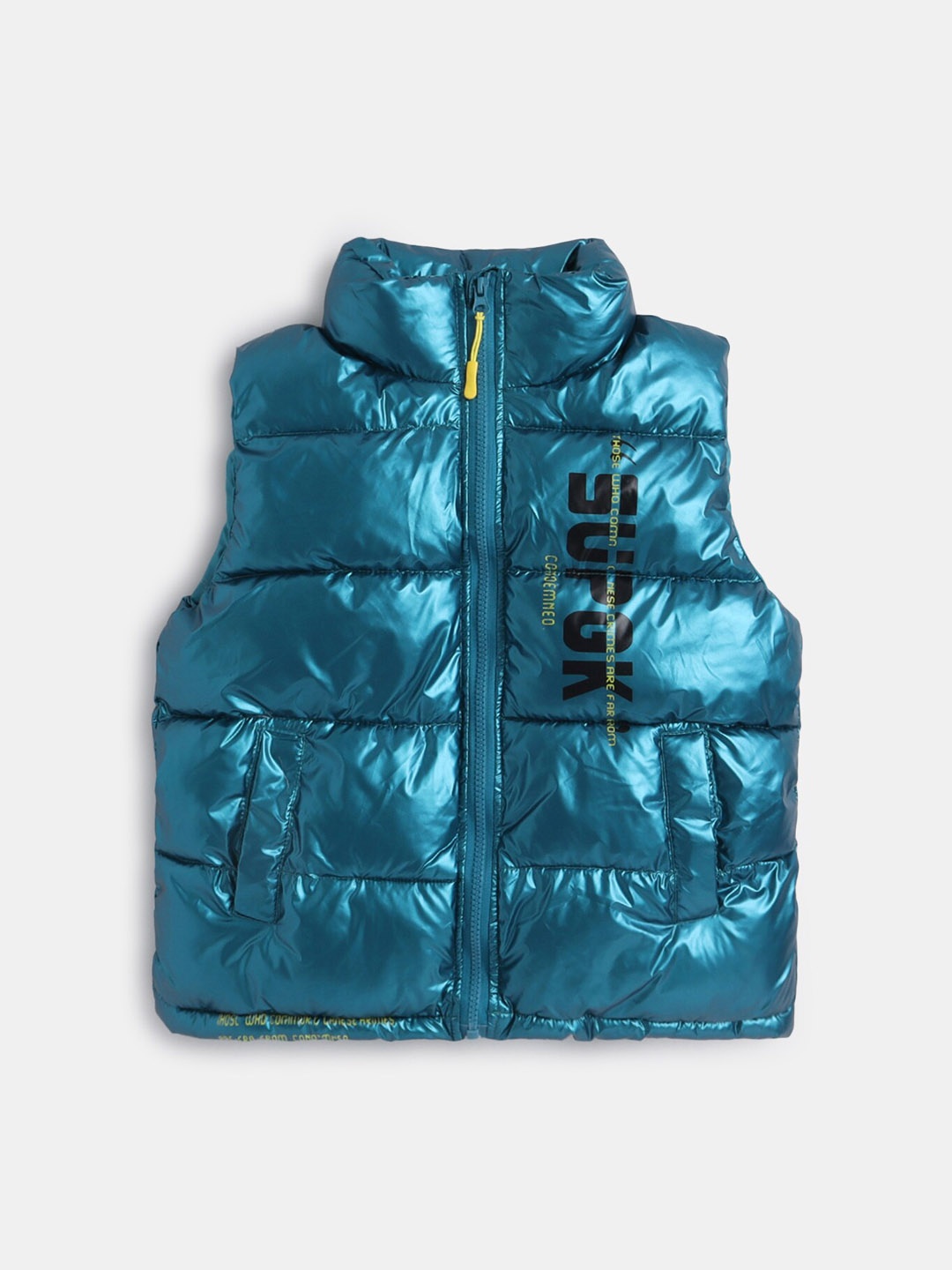 

Hopscotch Girls Turquoise Blue Typography Printed Puffer Jacket