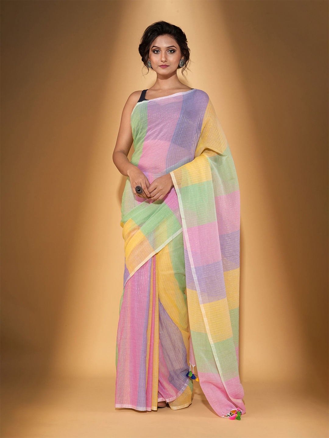 

BEATITUDE Purple & Yellow Striped Pure Cotton Saree