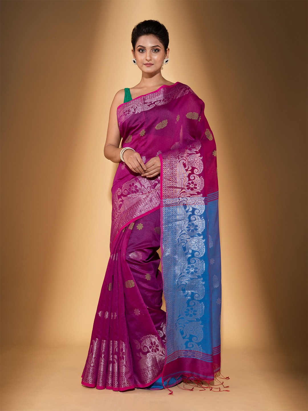 

BEATITUDE Magenta & Blue Woven Design Zari Saree