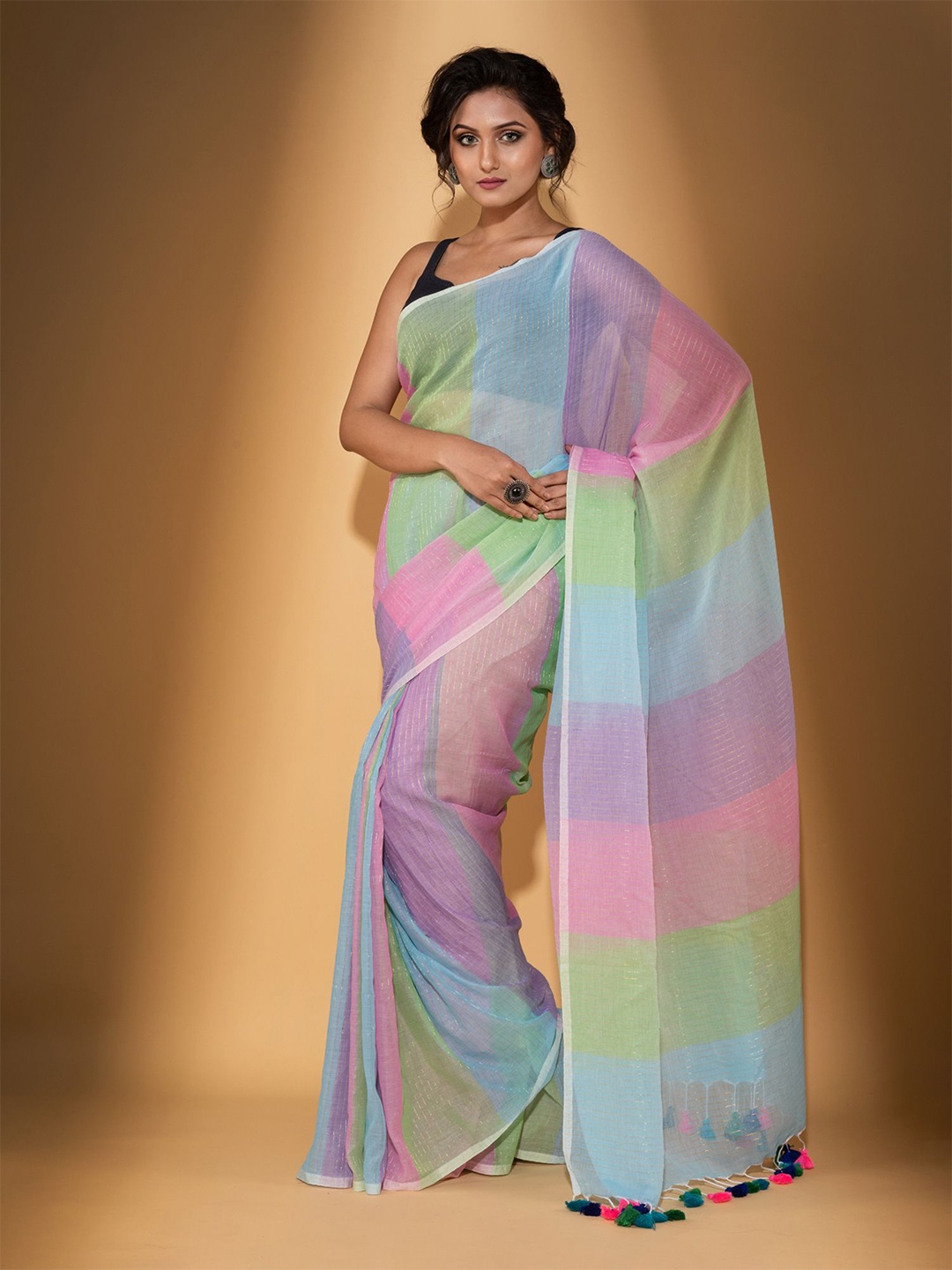 

BEATITUDE Blue & Green Striped Zari Pure Cotton Saree