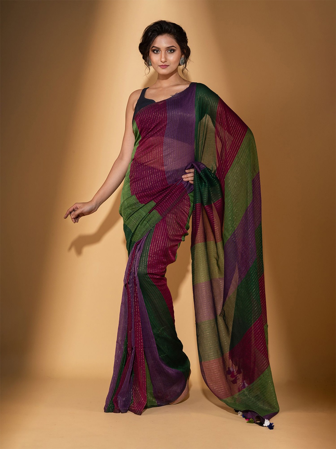 

BEATITUDE Green & Violet Striped Zari Pure Cotton Saree