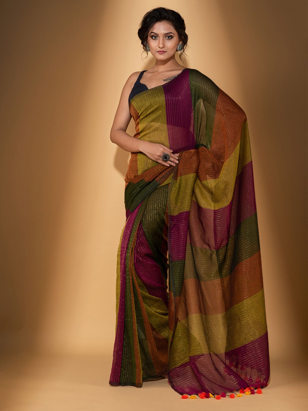 

BEATITUDE Green & Magenta Striped Zari Pure Cotton Saree