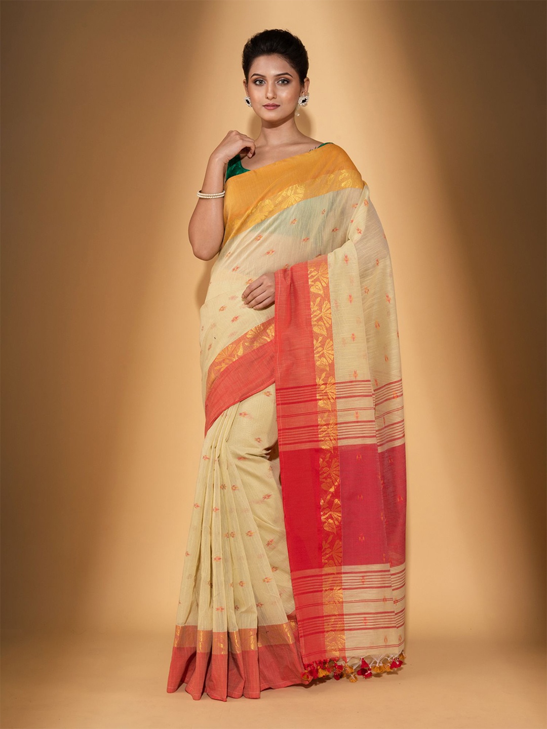 

BEATITUDE Beige & Yellow Floral Pure Cotton Saree