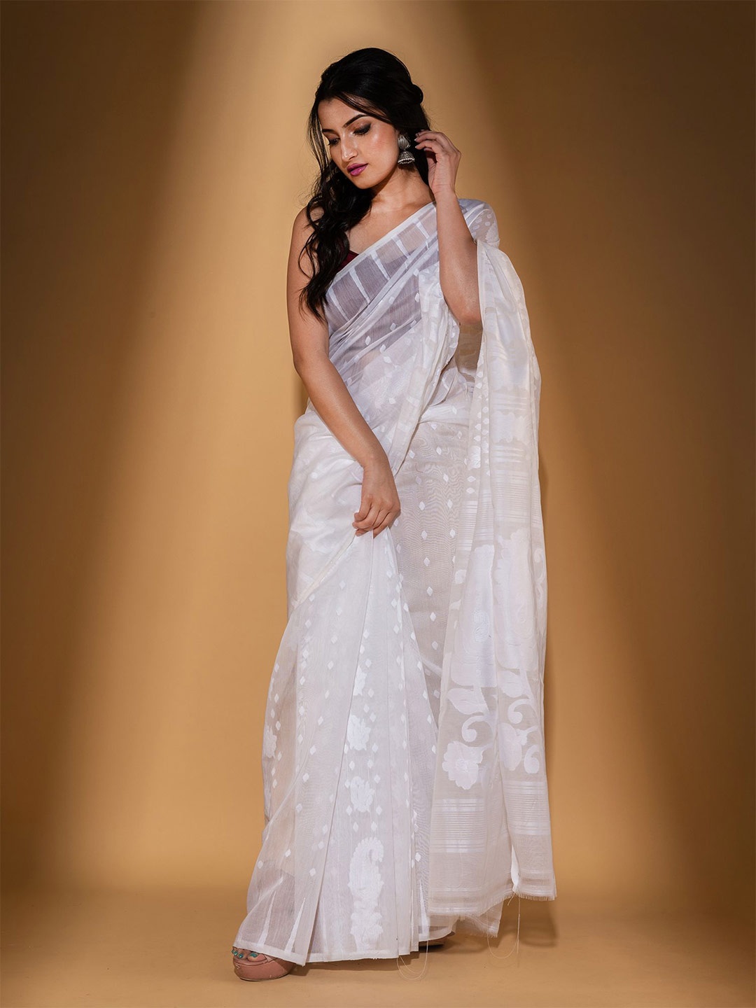 

BEATITUDE White Floral Silk Cotton Saree