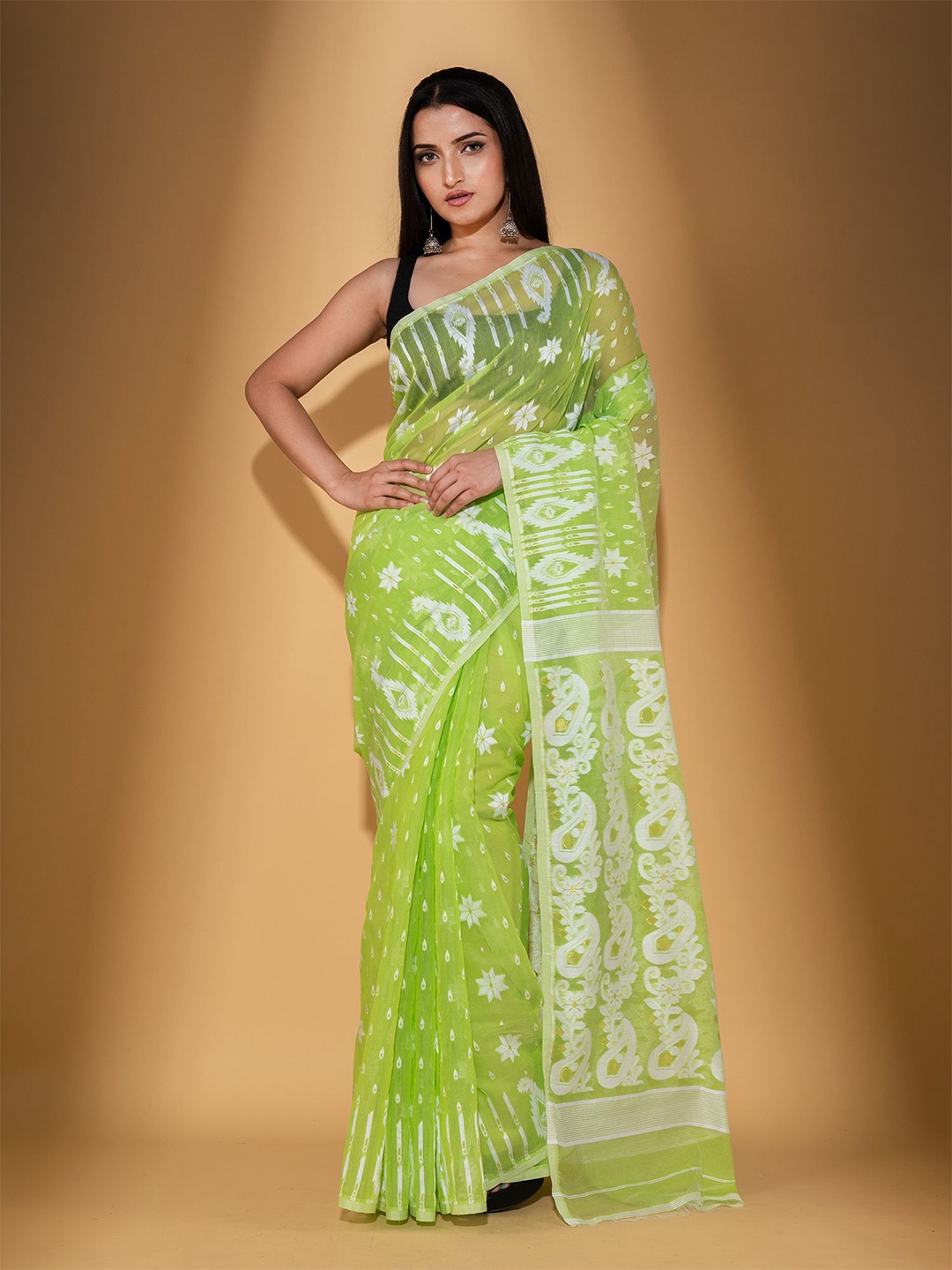 

BEATITUDE Green & White Floral Silk Cotton Saree