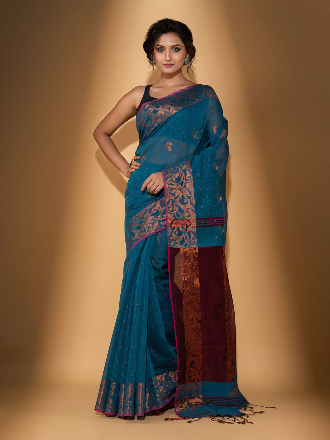 

BEATITUDE Blue & Maroon Ethnic Motifs Zari Pure Cotton Woven Saree